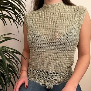Vintage Seafoam Green crotchet sleeveless top with high neck collar